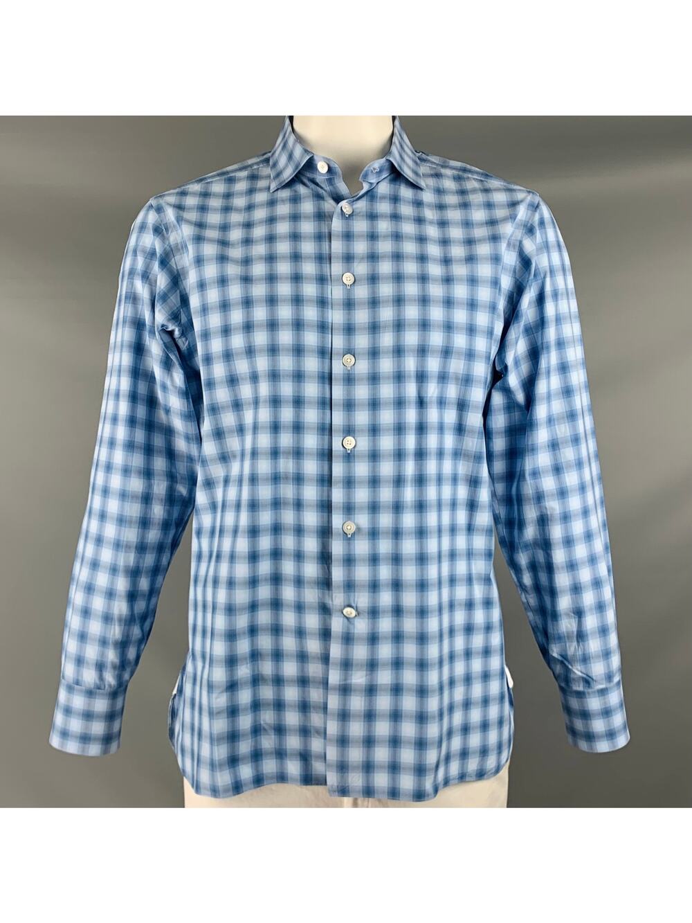 LORENZINI Size XXL Blue Plaid Cotton Button Up Long Sleeve Shirt